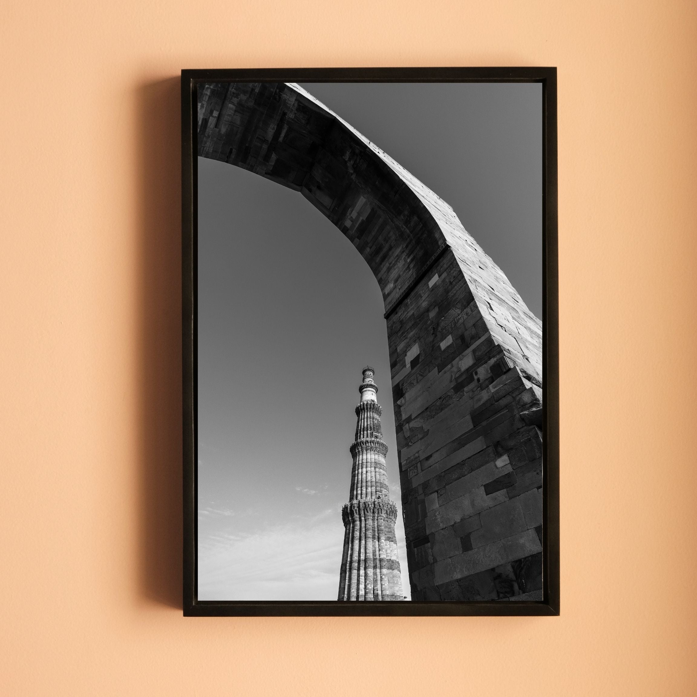 Qutub Minar Through the Arches – Black & White | Indian Heritage Fine Art Wall Photography Print