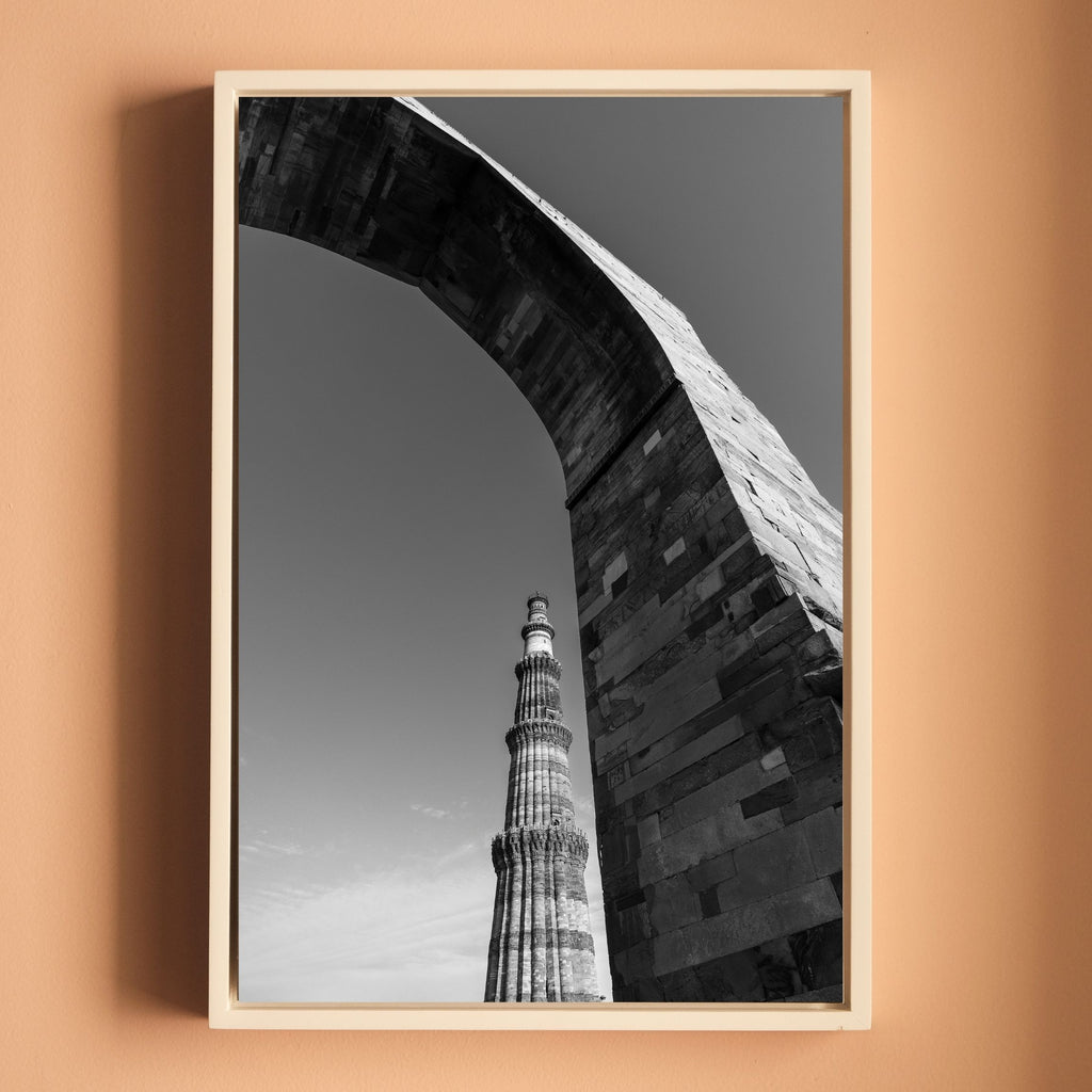Qutub Minar Through the Arches – Black & White | Indian Heritage Fine Art Wall Photography Print