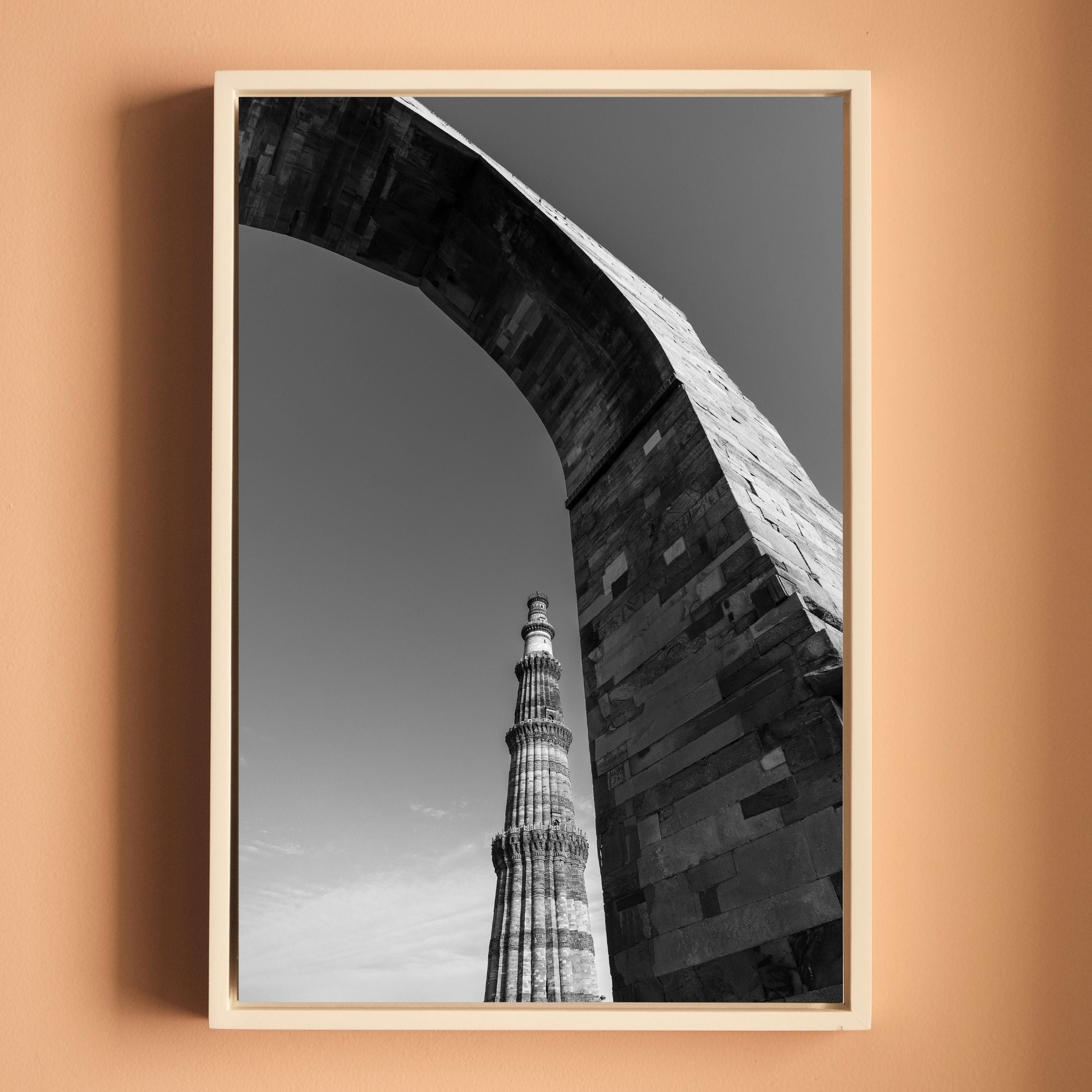 Qutub Minar Through the Arches – Black & White | Indian Heritage Fine Art Wall Photography Print
