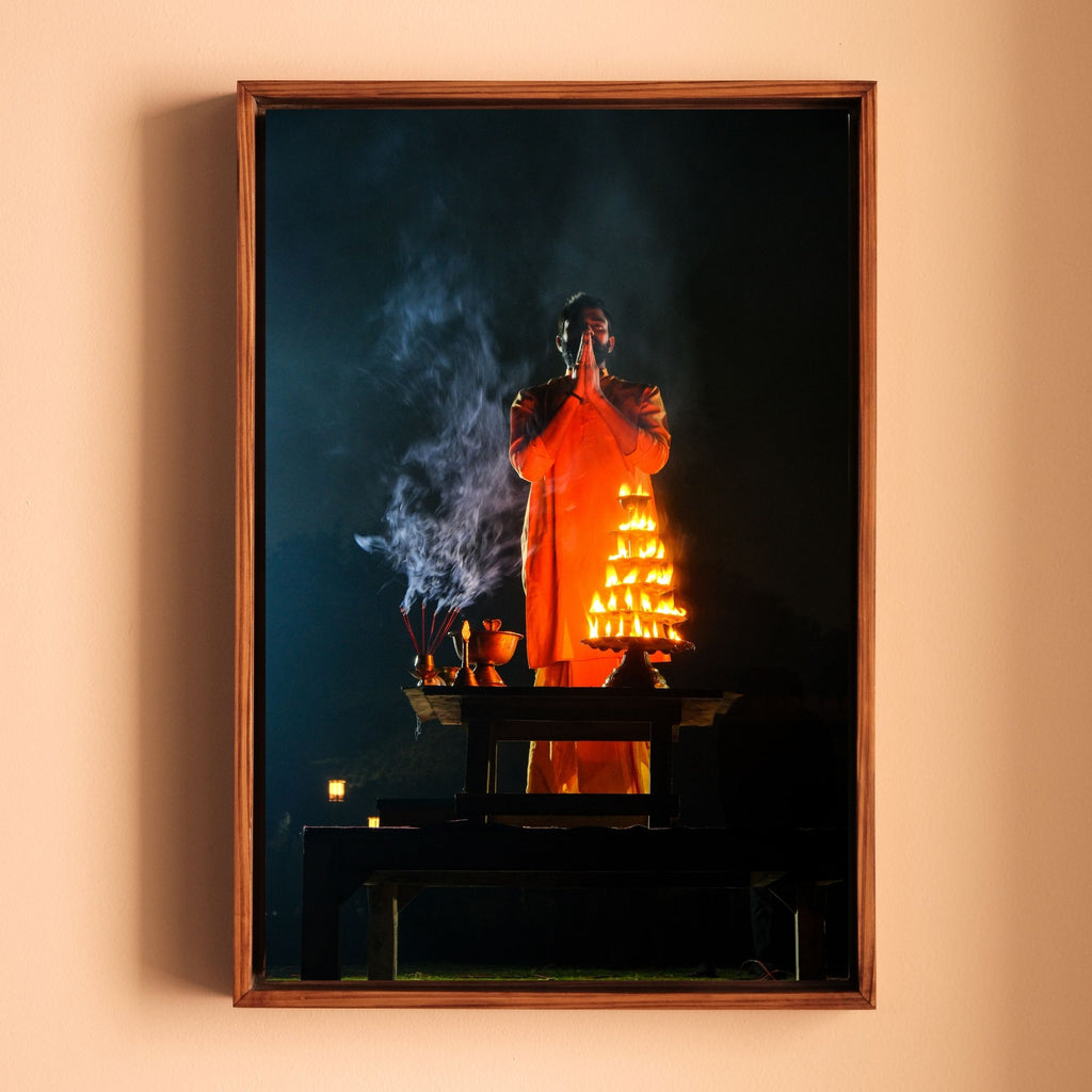 Yamuna Aarti – Priest in Divine Smoke & Night Light | Indian Spiritual Fine Art Wall Photography Print