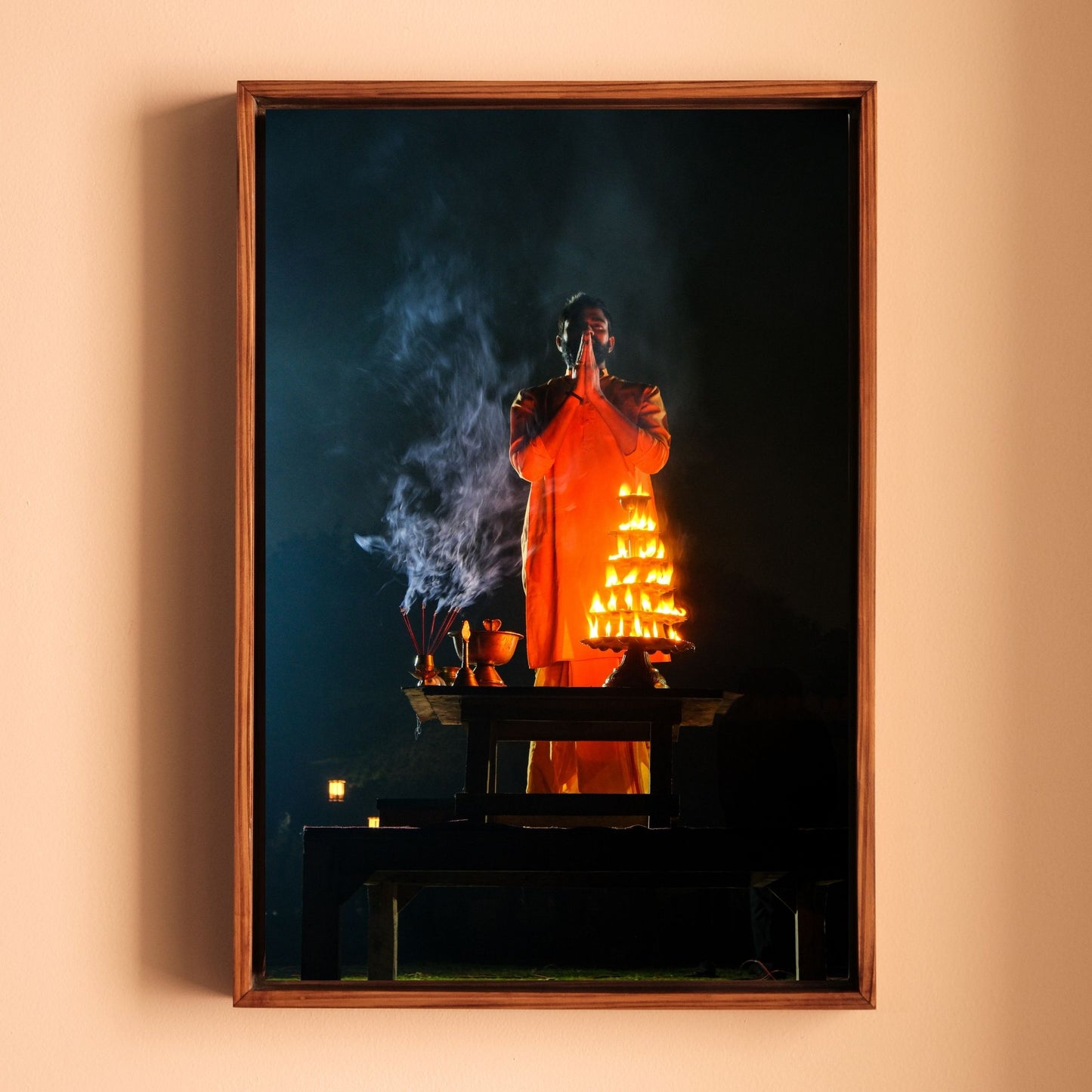 Yamuna Aarti – Priest in Divine Smoke & Night Light | Indian Spiritual Fine Art Wall Photography Print