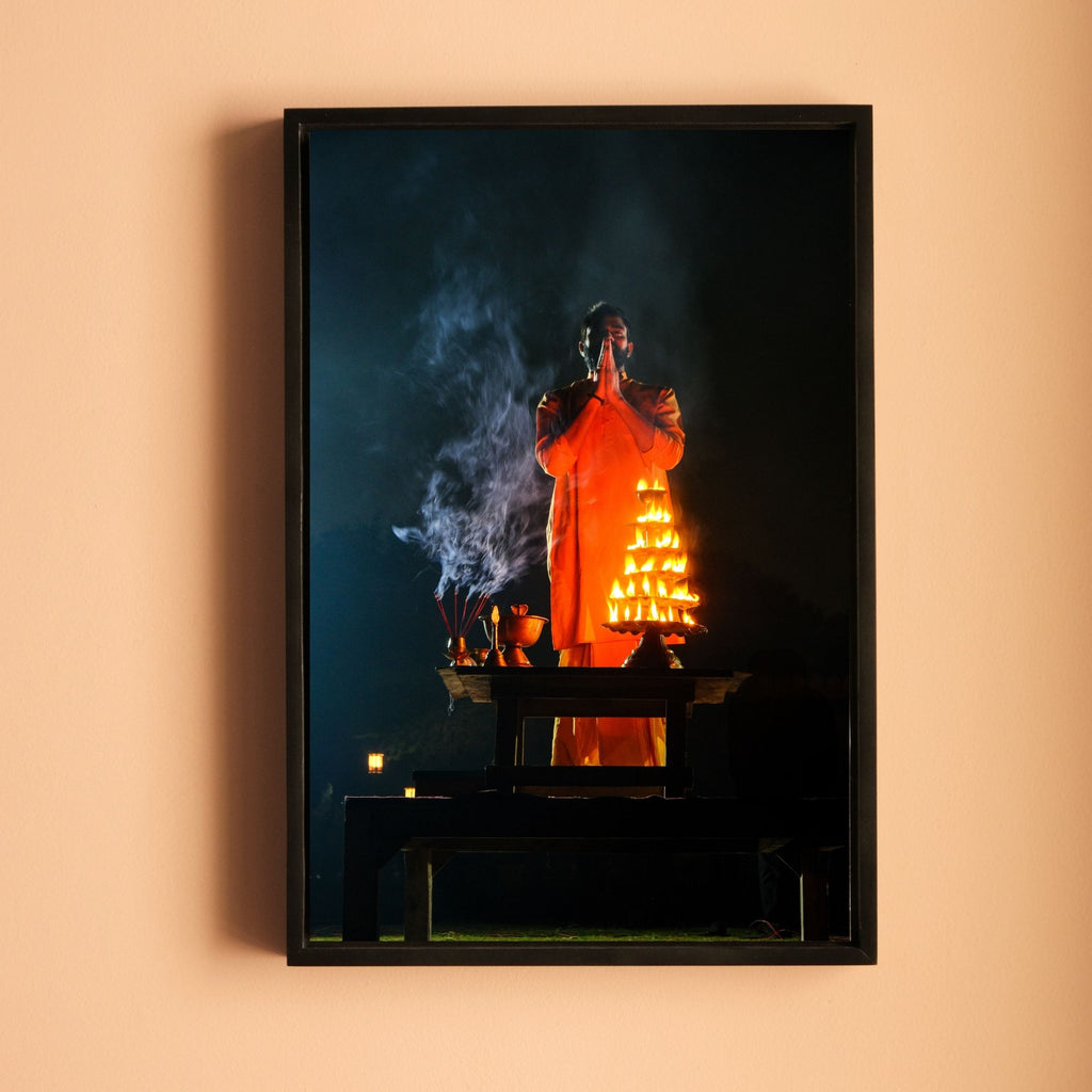 Yamuna Aarti – Priest in Divine Smoke & Night Light | Indian Spiritual Fine Art Wall Photography Print