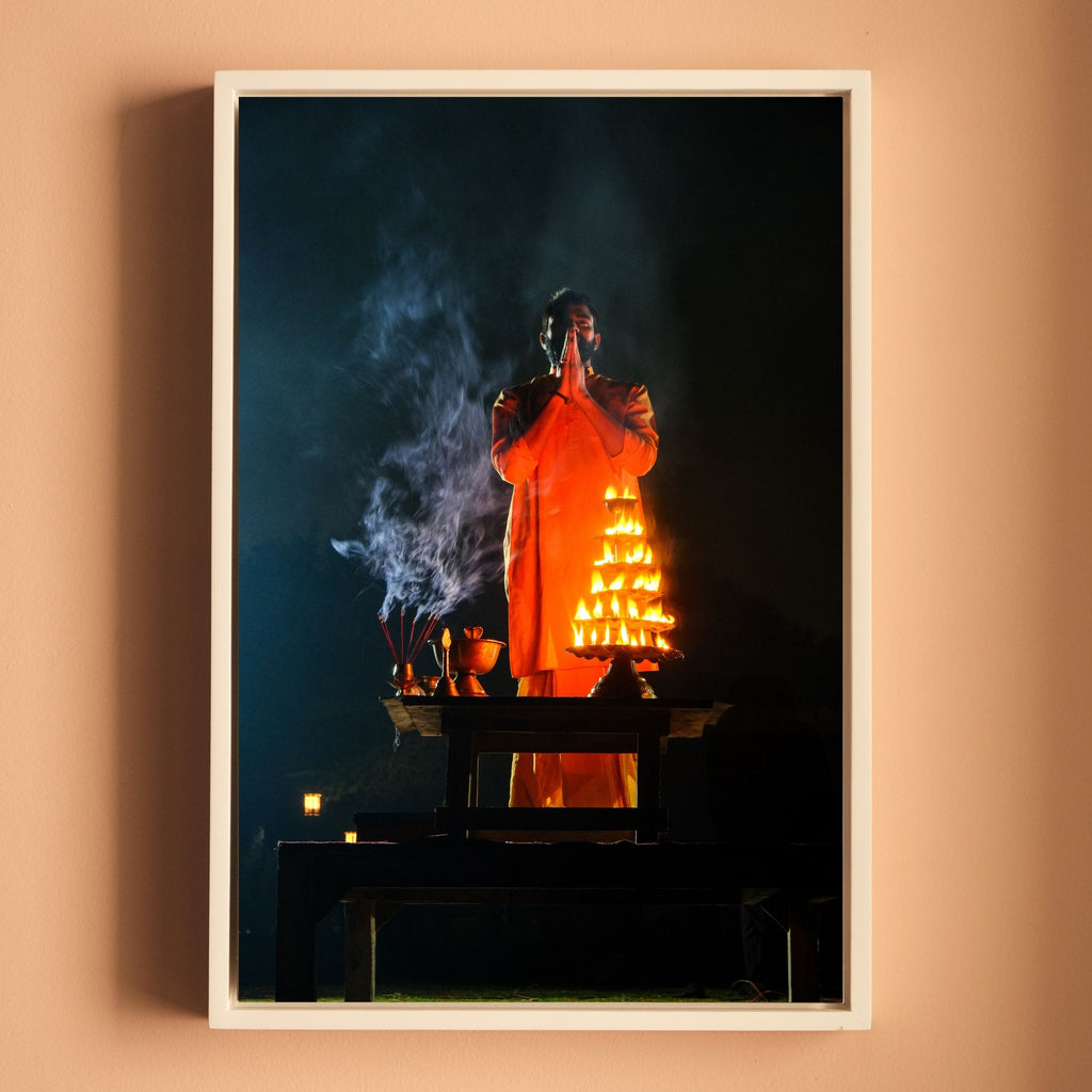 Yamuna Aarti – Priest in Divine Smoke & Night Light | Indian Spiritual Fine Art Wall Photography Print