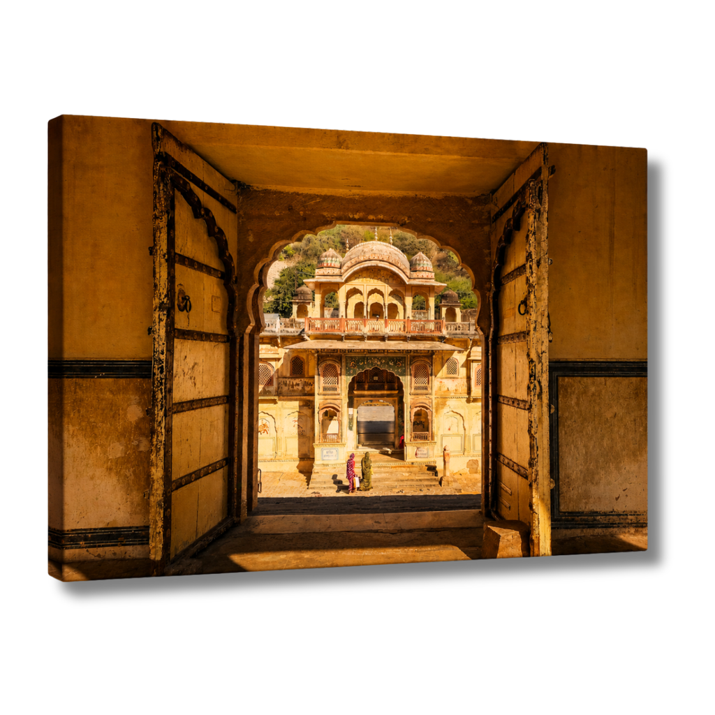 Galta Ji Temple Complex – Frame Within a Frame | Morning Light, Golden Stone & Sacred Depth | Fine Art Wall Photography Print