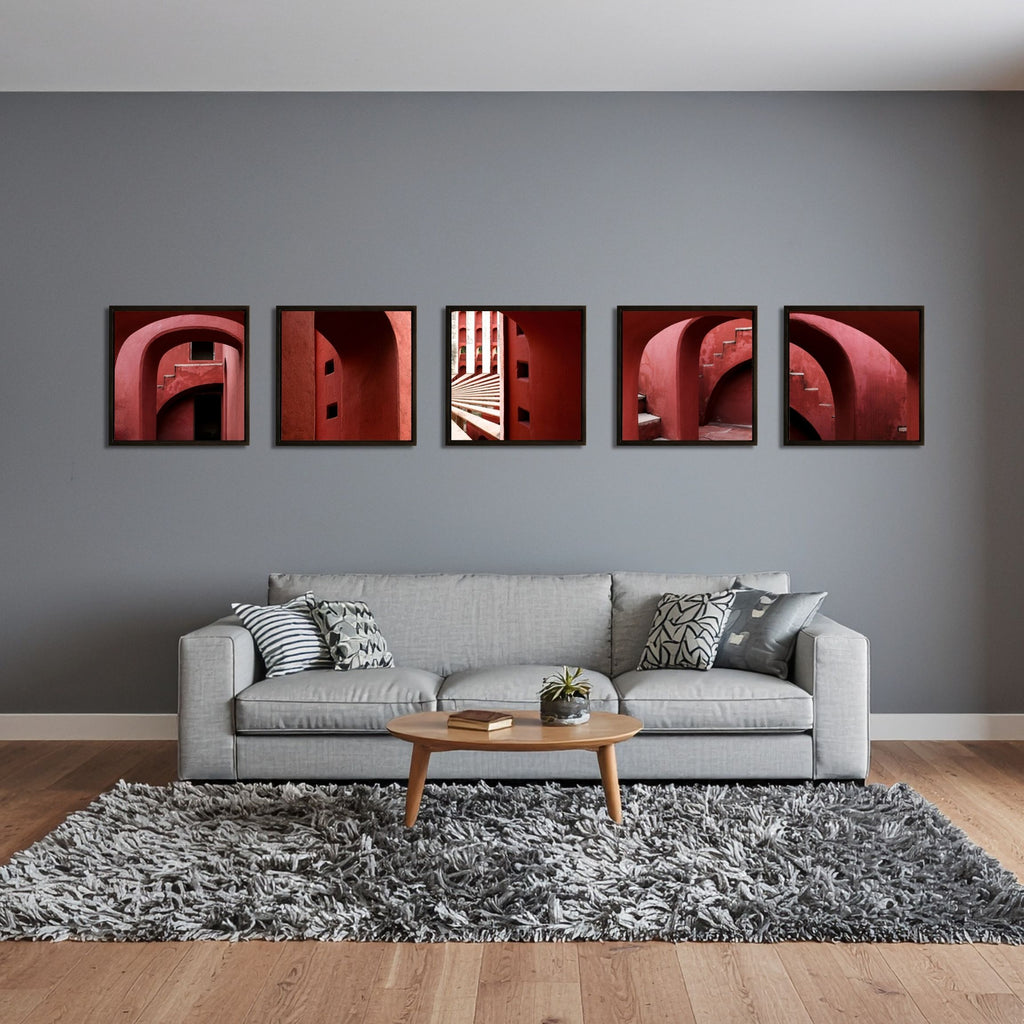 Jantar Mantar, New Delhi – Crimson Arches | Set of 5 Square Fine Art Wall Photography Prints