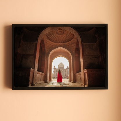 Safdarjung Tomb – Woman in Red | A Story of Peace, Love & Contrast in Sunlight | Fine Art Wall Photography Print