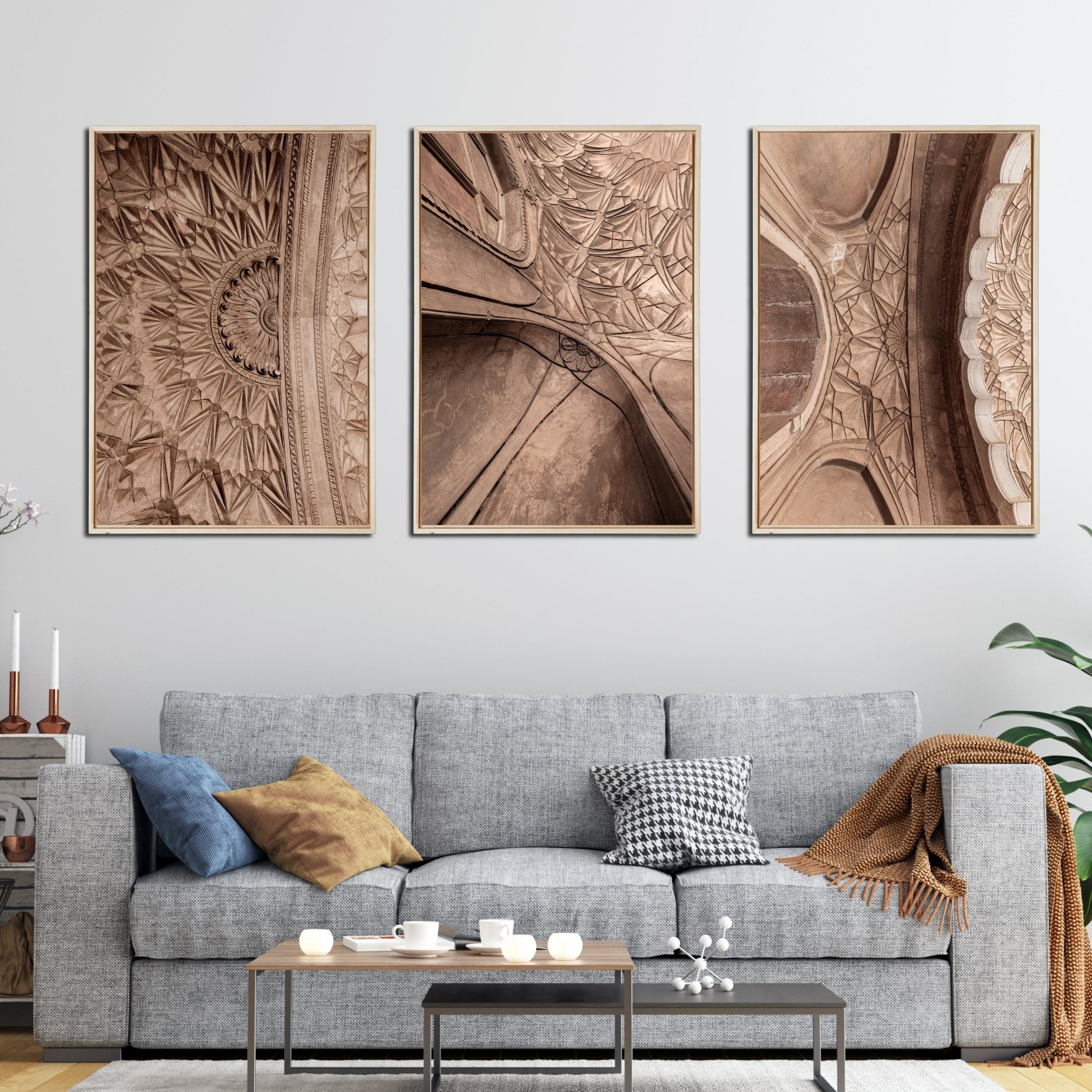 Safdarjung Tomb, Delhi – Vault Relief Triptych | Stucco, Shadow & the Last Flourish of the Mughals | Fine Art Wall Photography Print