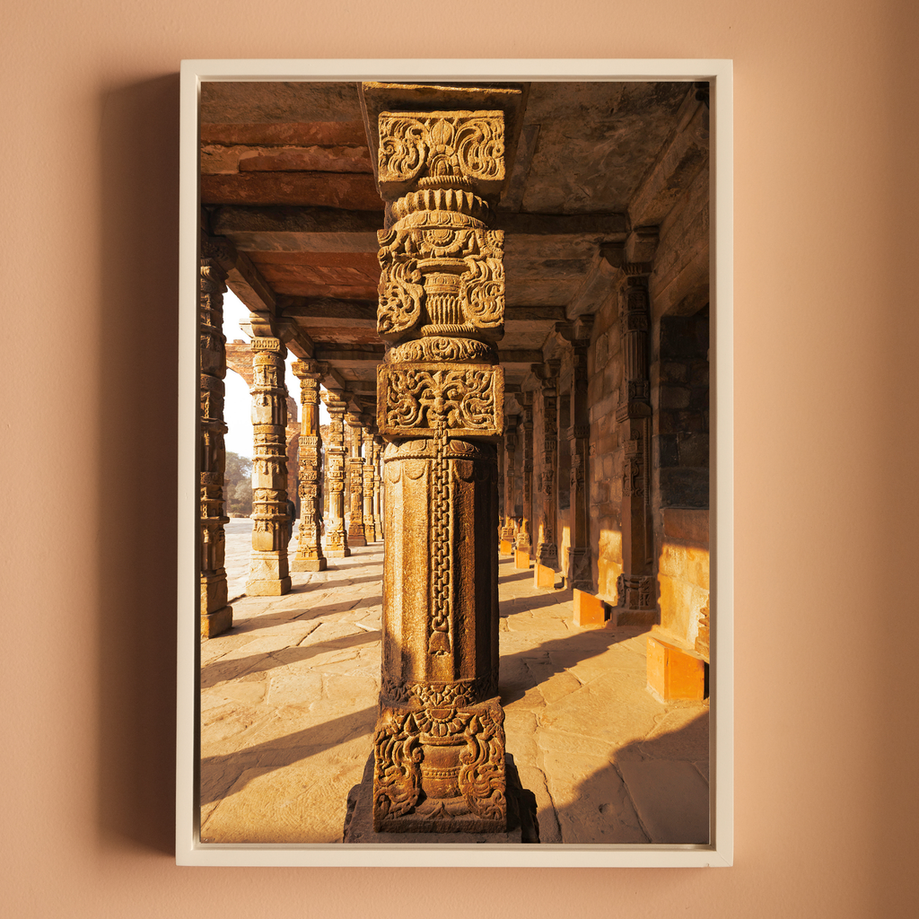 Qutub Complex – Pillars in Morning Light | Stone, Sun & the Story of Indian Heritage | Fine Art Wall Photography Print
