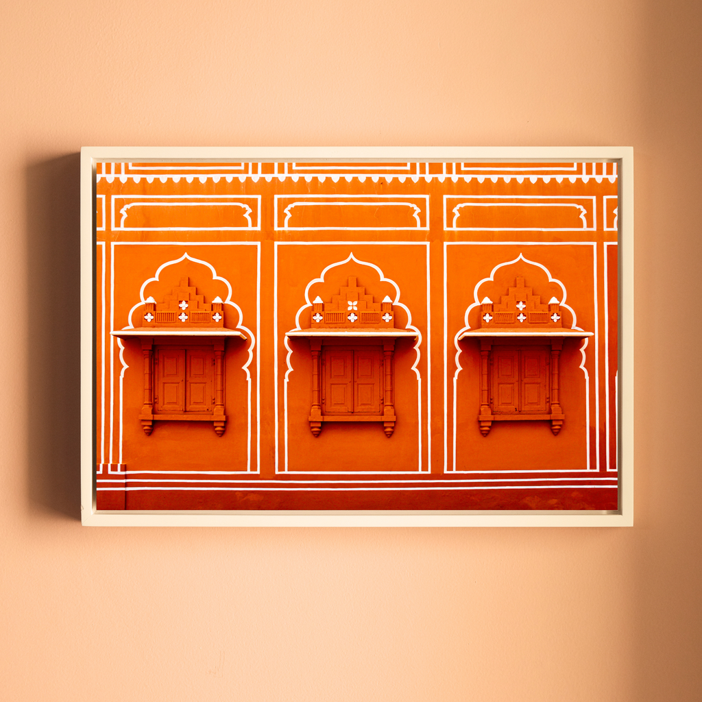 City Palace, Jaipur – Orange Walls, White Jharokhas & Chhatris | The Geometry of Rajput Grandeur | Fine Art Wall Photography Print