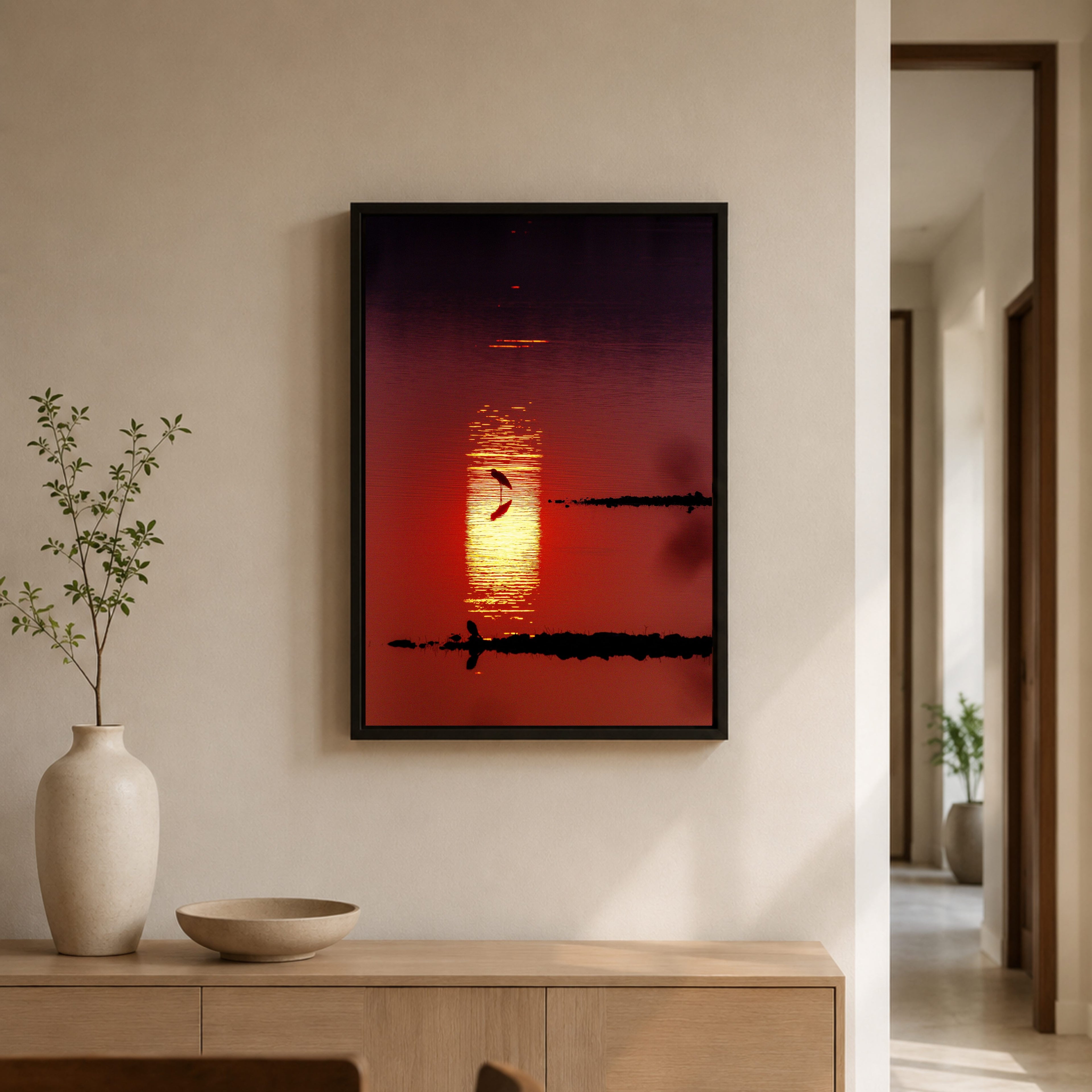Bird in Silhouette – Sunset Over the Lake | Crimson Reflections Fine Art Wall Photography Print