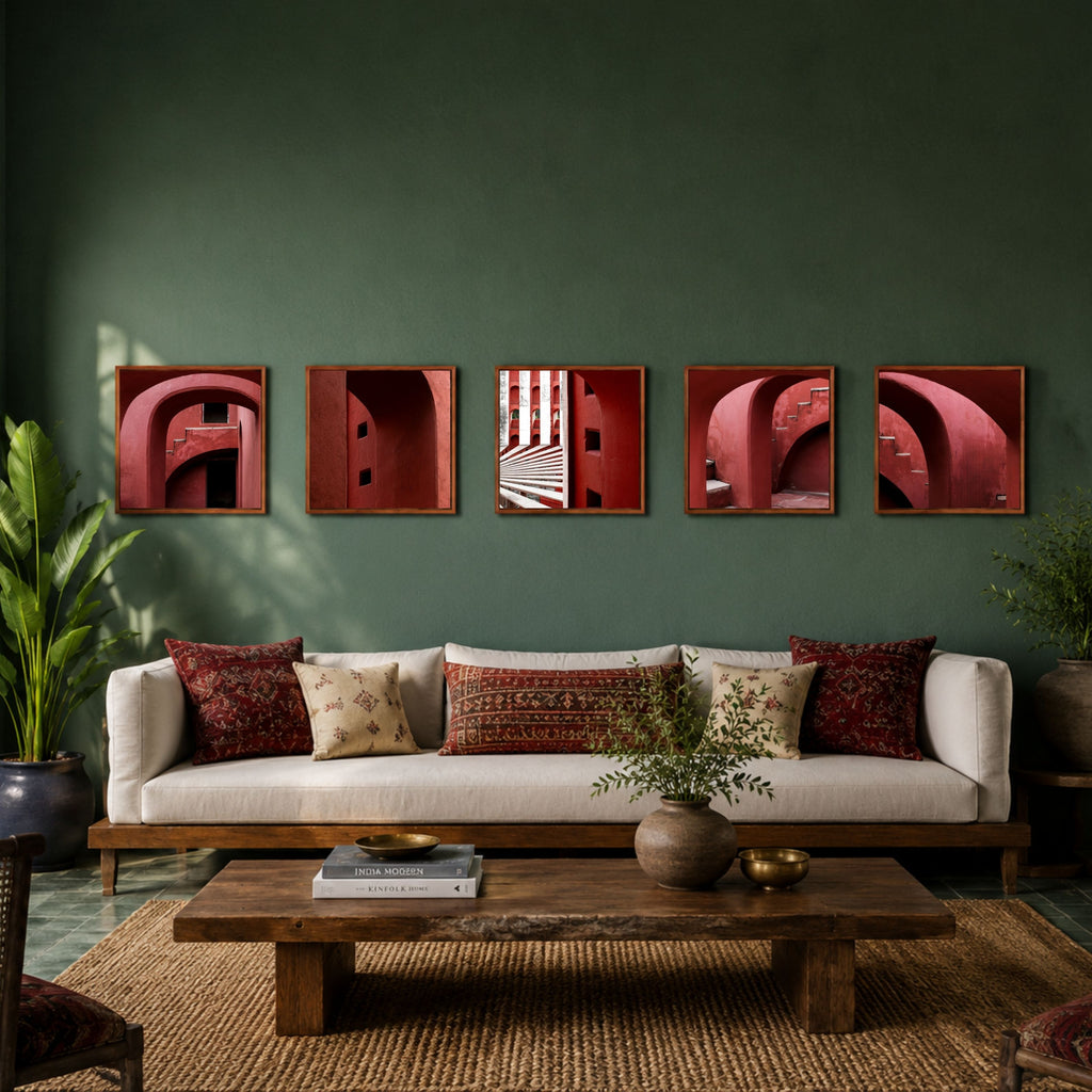 Jantar Mantar, New Delhi – Crimson Arches | Set of 5 Square Fine Art Wall Photography Prints