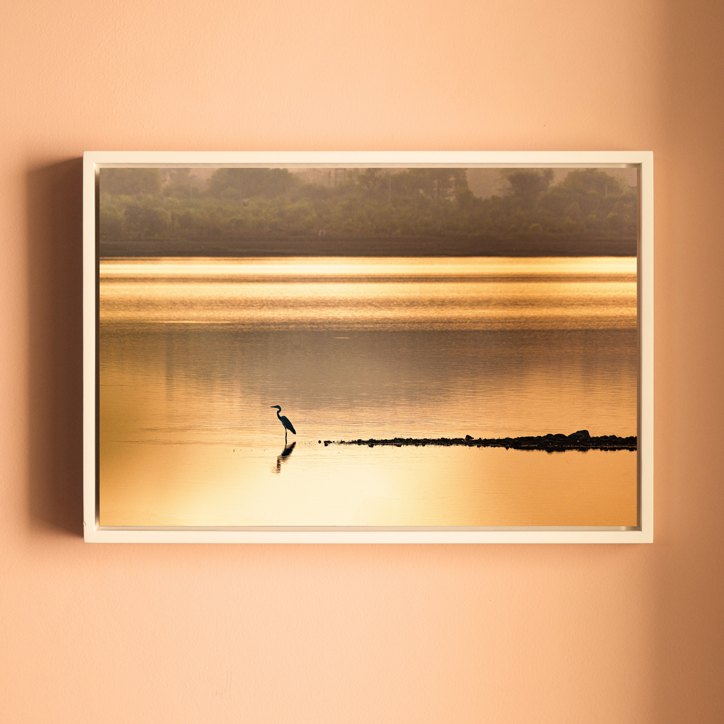 Bird in Silhouette, Wetland Lake at Sunset – Reflection, Stillness & the Golden Hour | Fine Art Wall Photography Print
