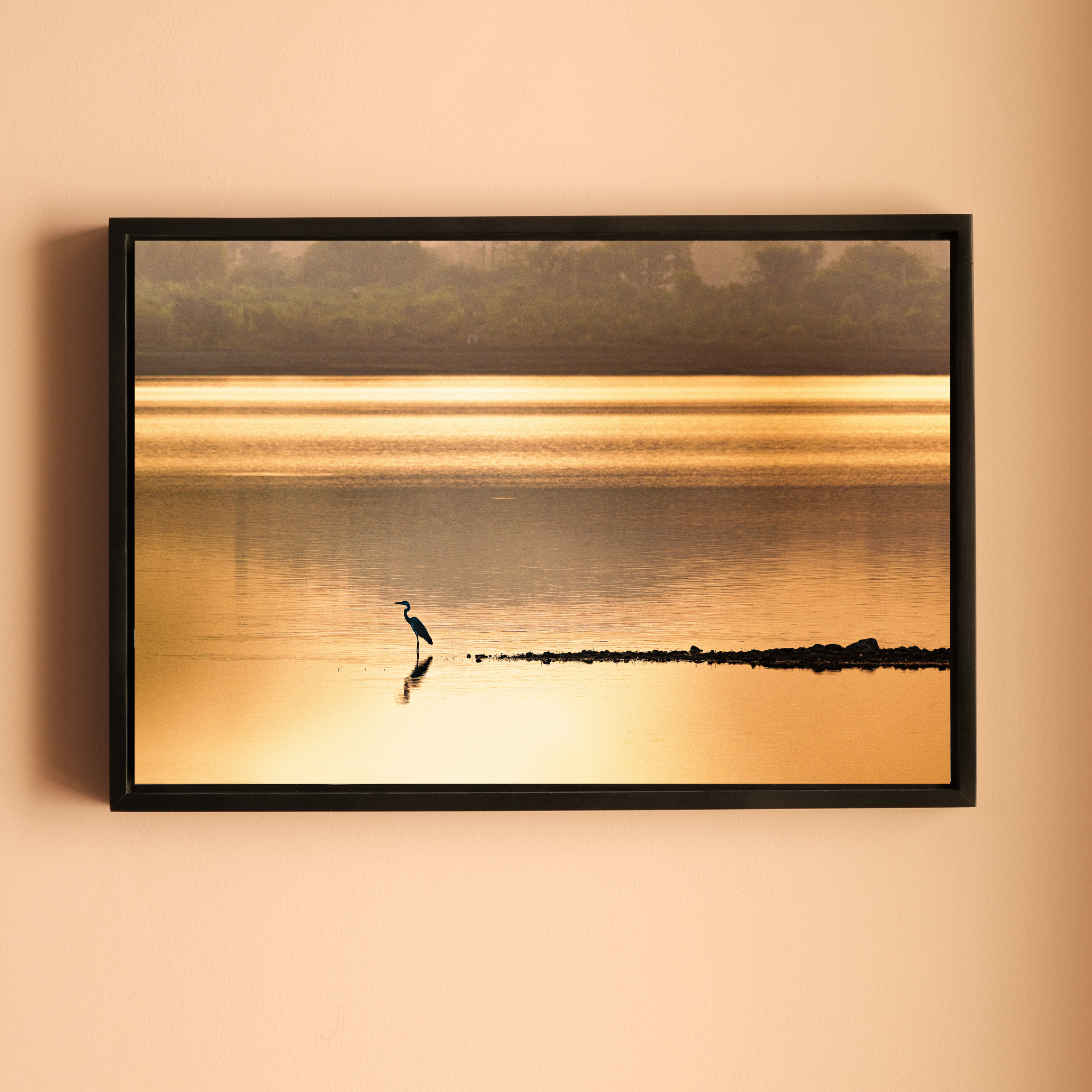 Bird in Silhouette, Wetland Lake at Sunset – Reflection, Stillness & the Golden Hour | Fine Art Wall Photography Print