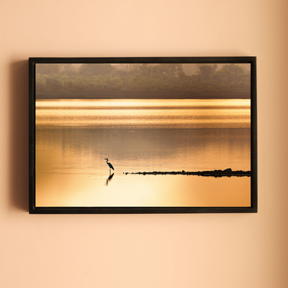 Bird in Silhouette, Wetland Lake at Sunset – Reflection, Stillness & the Golden Hour | Fine Art Wall Photography Print