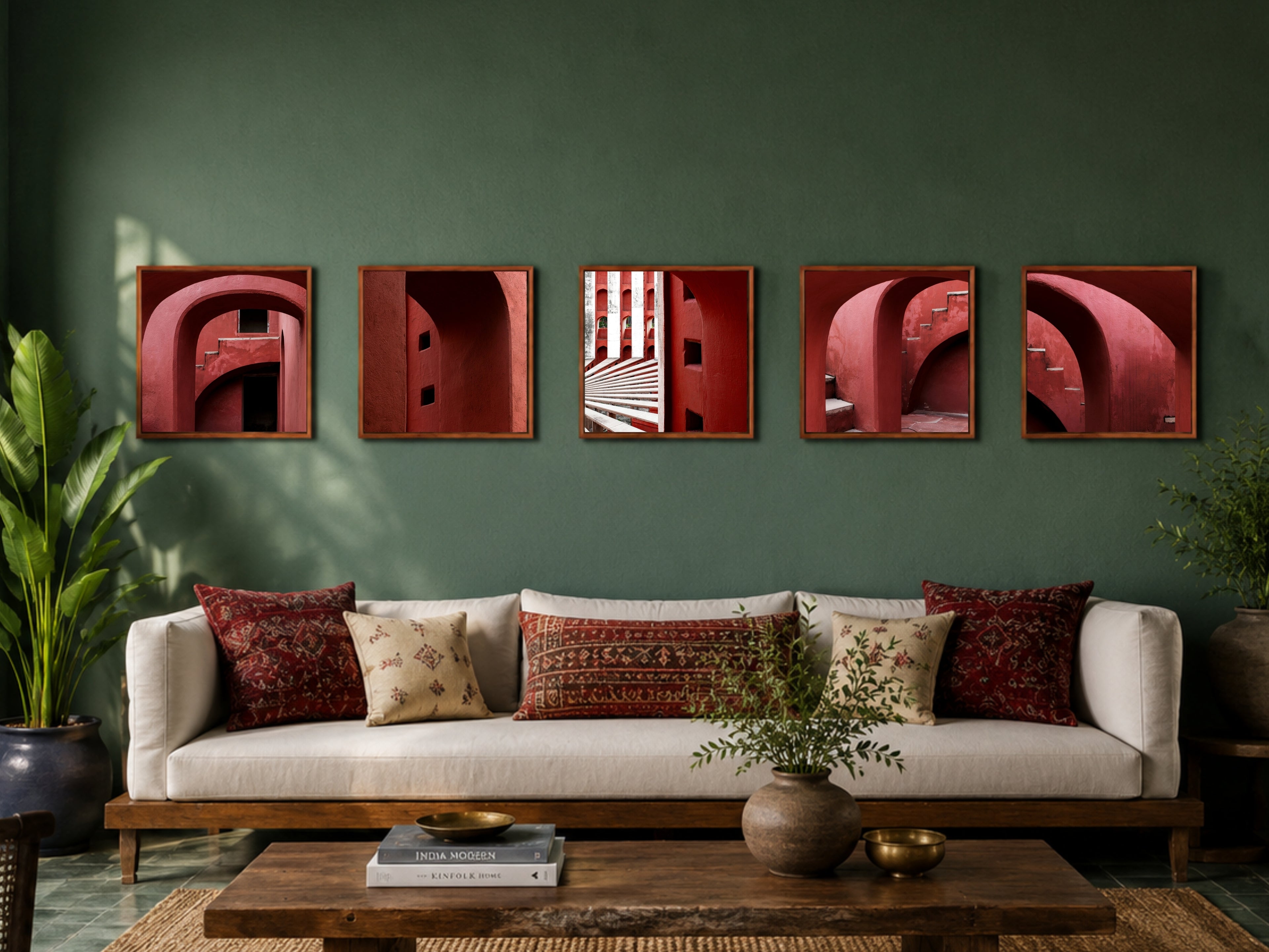 Jantar Mantar, New Delhi – Crimson Arches | Set of 5 Square Fine Art Wall Photography Prints