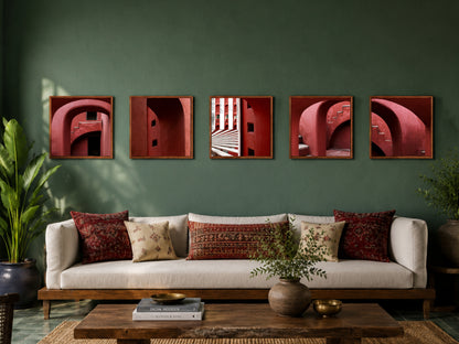 Jantar Mantar, New Delhi – Crimson Arches | Set of 5 Square Fine Art Wall Photography Prints