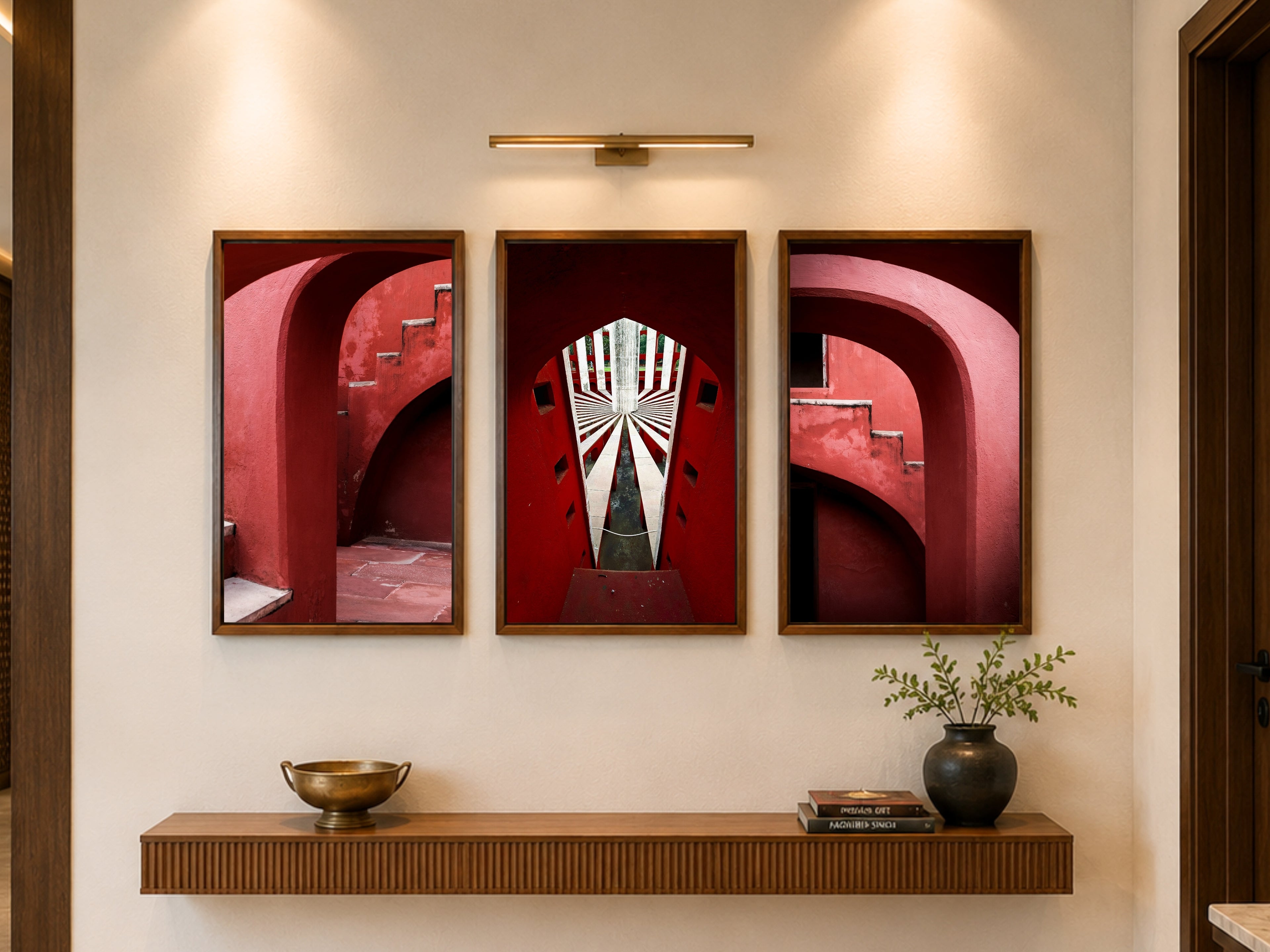 Jantar Mantar, Delhi – Crimson Arches & Vanishing Light | Fine Art Wall Photography Print | Triptych