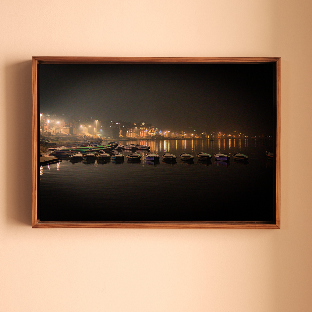 Varanasi Ganga Ghats – Boats at Rest, City Lights & the Sacred River at Night | Fine Art Wall Photography Print
