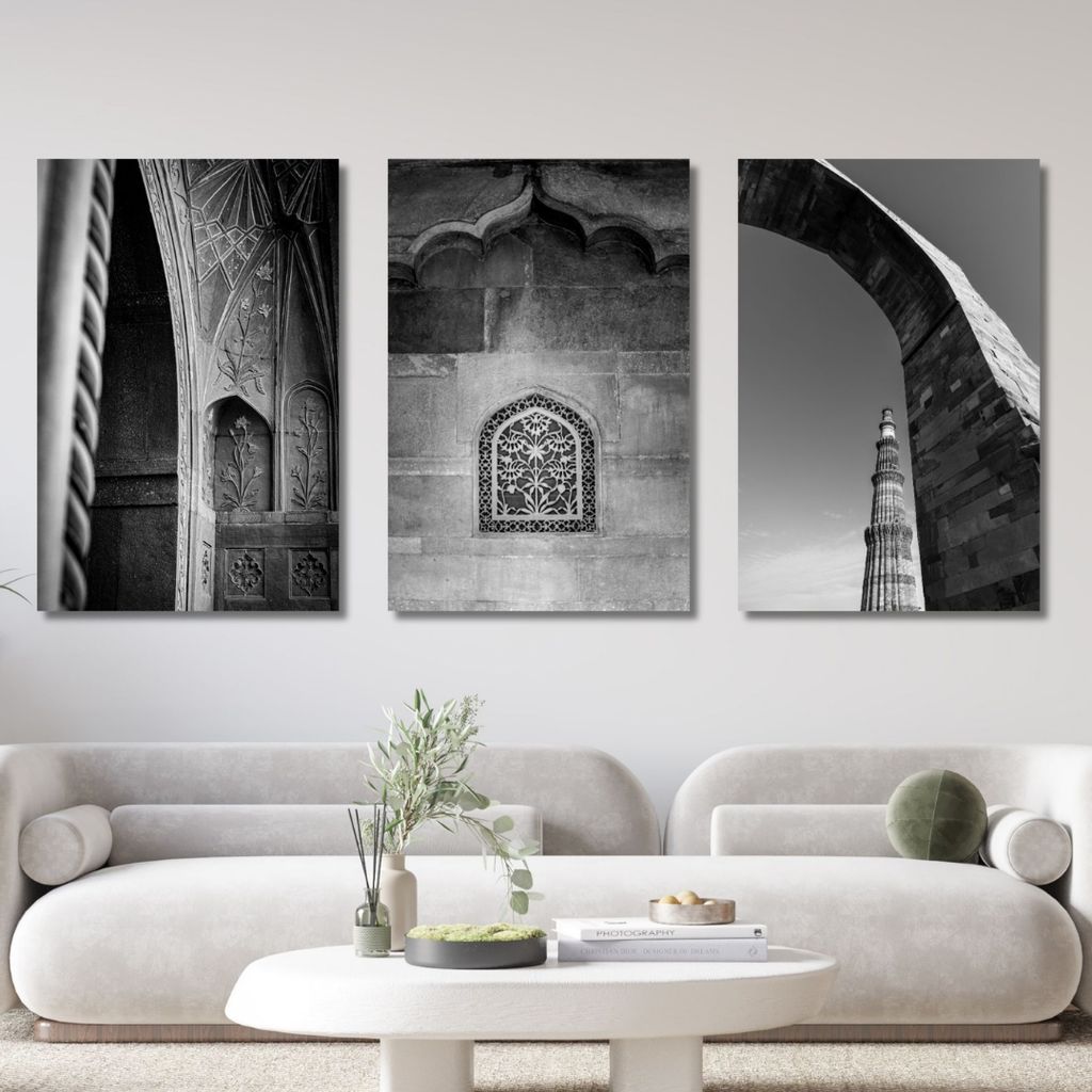 Delhi in Black & White – Red Fort & Qutub Minar | Stone, Shadow & the Soul of a City | Fine Art Wall Photography Print Triptych