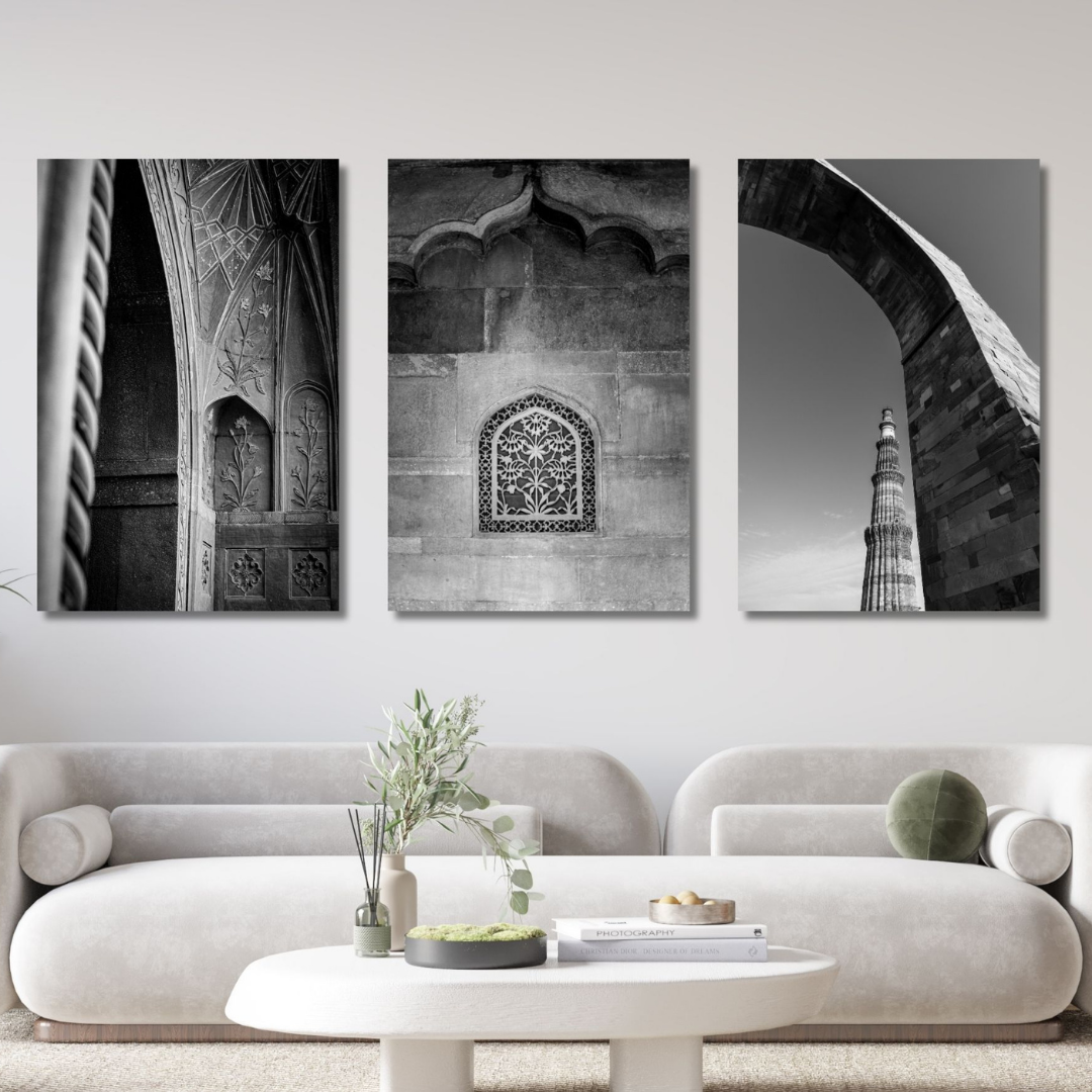 Delhi in Black & White – Red Fort & Qutub Minar | Stone, Shadow & the Soul of a City | Fine Art Wall Photography Print Triptych